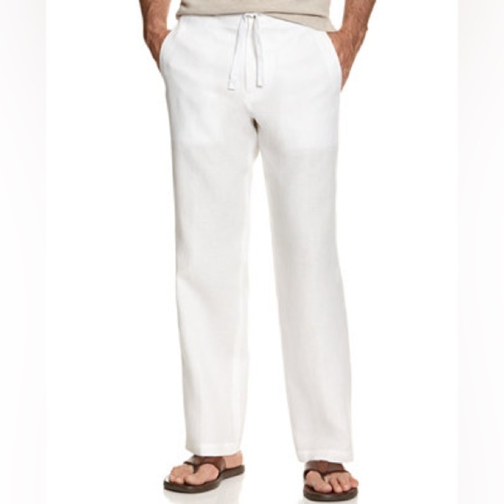 NWT Tasso Elba Men’s Drawstring 100% Linen Elastic-Waist Straight-Leg White XL